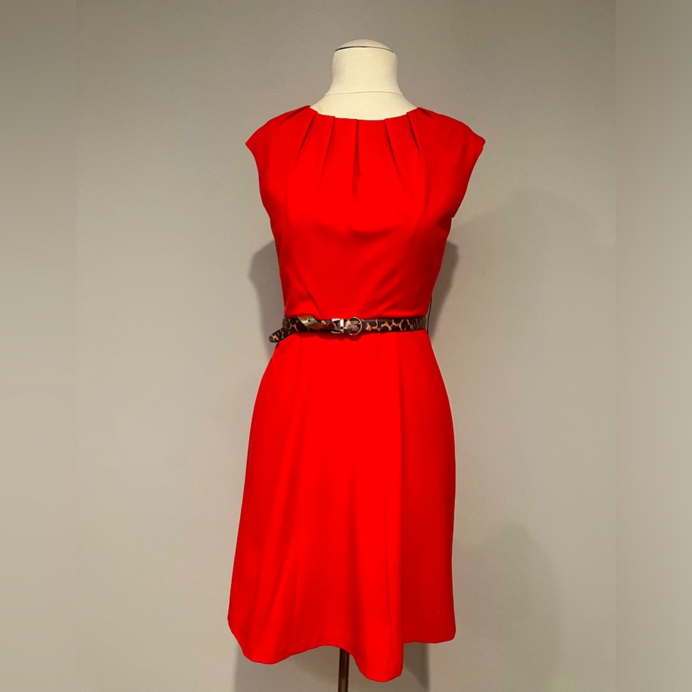 EMMA & MICHELE RED FIT & FLARE A-LINE DRESS | CAREER TO COCKTAIL |PLEAT NECKLINE